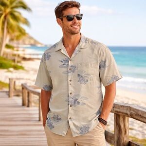 Tommy Bahama Men’s Beige Shirt Size M Medium 100% Silk Hawaiian Shirt Nautical